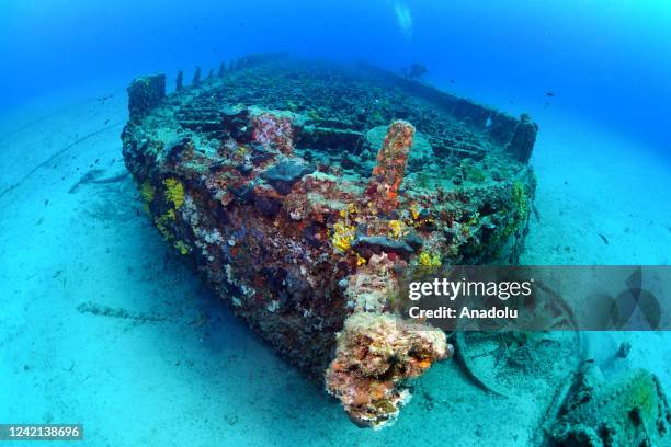 Two barges without motors used in transportation are pictured during the underwater diving near the shipwreck of the Royal Navy's "HMS Majestic", one...