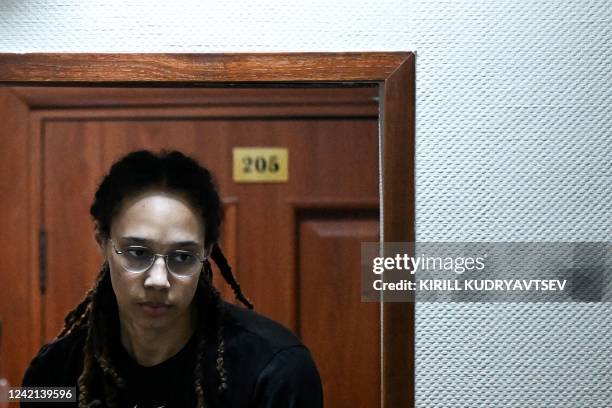 Basketball superstar Brittney Griner arrives to a hearing at the Khimki Court, outside Moscow on July 27, 2022. - Griner, a two-time Olympic gold...