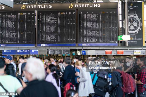 Flight information boards display cancelled flights in the departures hall at Terminal 1 of Frankfurt Airport in Frankfurt, Germany, on Wednesday,...