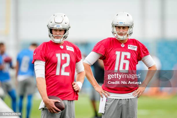 Tim Boyle and Jared Goff of the Detroit Lions signals during the Detroit Lions Training Camp on July 27, 2022 in Allen Park, Michigan.