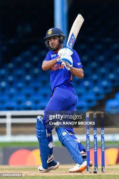 Shubman Gill of India hits 4 during the 3rd and final ODI match between West Indies and India at Queens Park Oval, Port of Spain, Trinidad and...