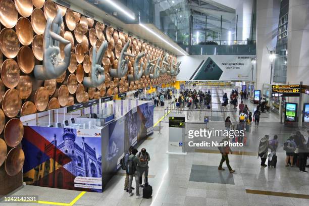 Mudras are displayed along a wall at Indira Gandhi International Airport in Delhi, India, on May 03, 2022.
