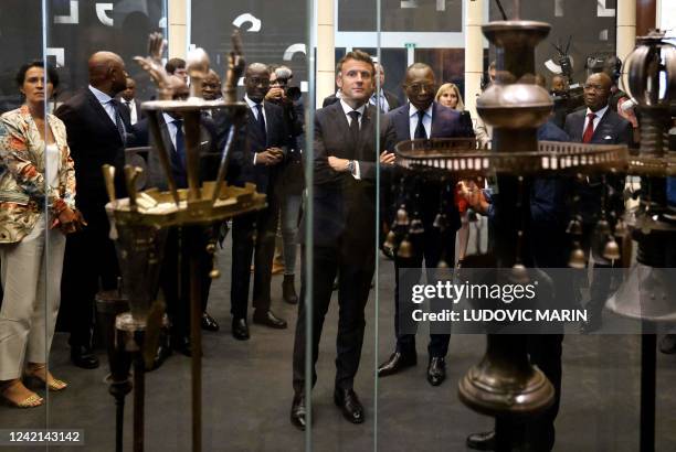France's President Emmanuel Macron and Beninese President Patrice Talon visit the exhibition "Benin Art of yesterday and today: from Restitution to...