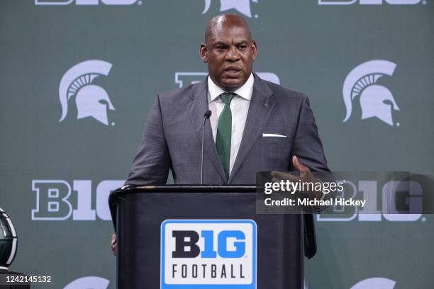 Head coach Mel Tucker of the Michigan State Spartans speaks during the 2022 Big Ten Conference Football Media Days at Lucas Oil Stadium on July 27,...
