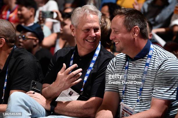 Danny Ainge CEO of Basketball Operations for the Utah Jazz and Austin Ainge Director of Player Personnel for the Boston Celtics smile and look on...