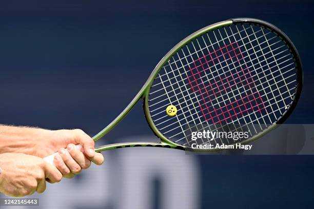 Close up of Tommy Pauls racket during Day Three of the Atlanta Open at Atlantic Station on July 27, 2022 in Atlanta Georgia.