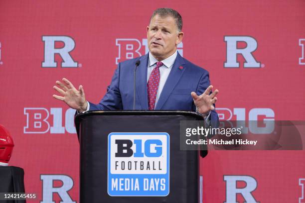 Head coach Greg Schiano of the Rutgers Scarlet Knights speaks during the 2022 Big Ten Conference Football Media Days at Lucas Oil Stadium on July 27,...