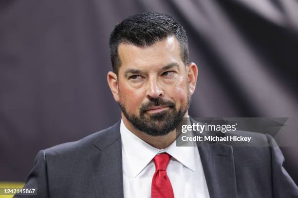 Head coach Ryan Day of the Ohio State Buckeyes is seen during the 2022 Big Ten Conference Football Media Days at Lucas Oil Stadium on July 27, 2022...