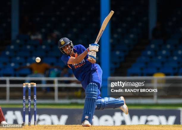 Shubman Gill of India hits 4 during the 3rd and final ODI match between West Indies and India at Queens Park Oval, Port of Spain, Trinidad and...