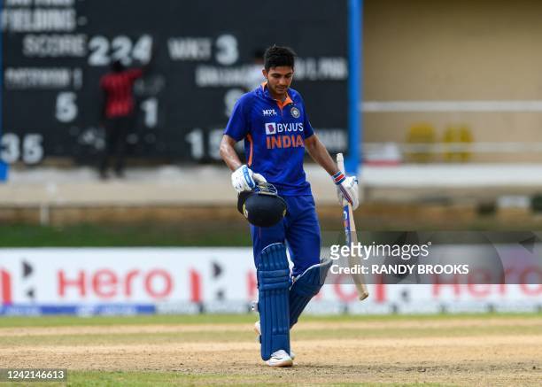 Shubman Gill of India on 98 not out during the 3rd and final ODI match between West Indies and India at Queens Park Oval, Port of Spain, Trinidad and...