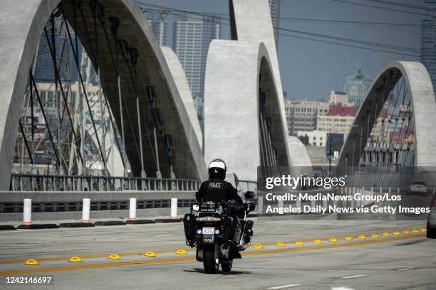 Los Angeles, CA The LAPD patrols the new 6th street bridge in Los Angeles, CA Wednesday, July 27, 2022. The LAPD has put more enforcement on the...