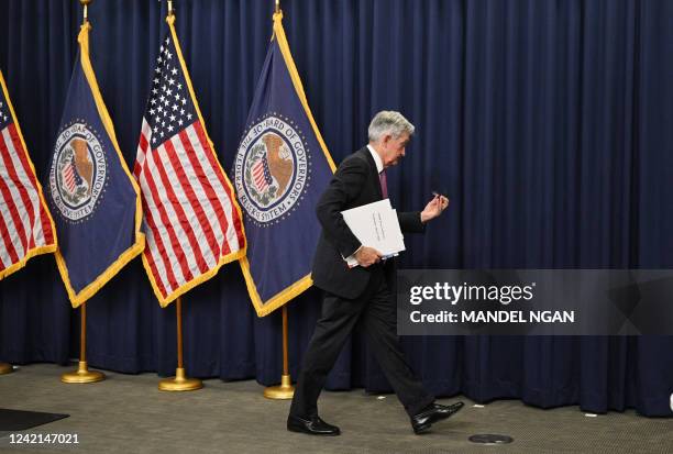 Federal Reserve Board Chairman Jerome Powell departs following a news conference in Washington, DC, on July 27, 2022. The US Federal Reserve on July...