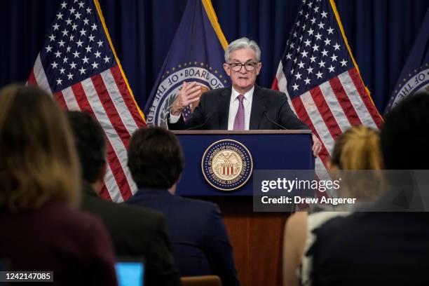 Federal Reserve Board Chairman Jerome Powell speaks during a news conference following a meeting of the Federal Open Market Committee at the...