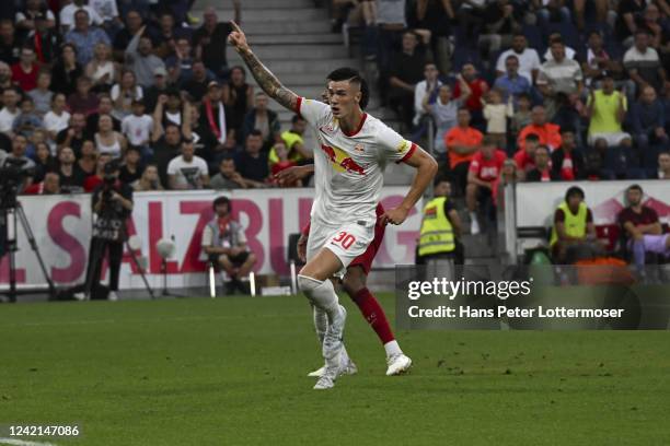 Benjamin Sesko of Salzburg celebrates after scoring a goal during the pre-season friendly match between FC Red Bull Salzburg and FC Liverpool at Red...