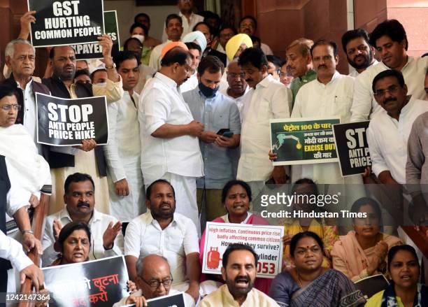 Rahul Gandhi with suspended Congress MPs stage a protest over price hike of fuel and LPG cylinders, and increase in GST on essential commodities...