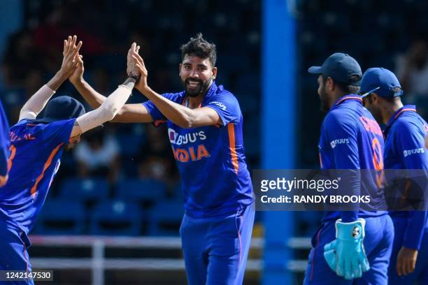 Mohammed Siraj , of India, celebrates the dismissal of Kyle Mayers, of West Indies, during the third and final ODI match between West Indies and...