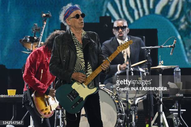 British rock band The Rolling Stones' guitarists Keith Richards and Ron Wood perform during a concert as part of their 'Stones Sixty European Tour'...