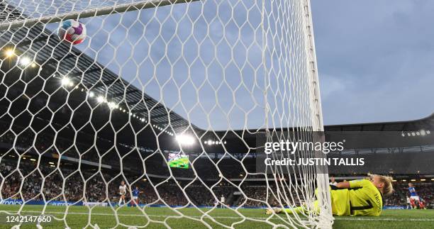 Germany's goalkeeper Merle Frohms scores an owngoal during the UEFA Women's Euro 2022 semi-final football match between Germany and France at the...