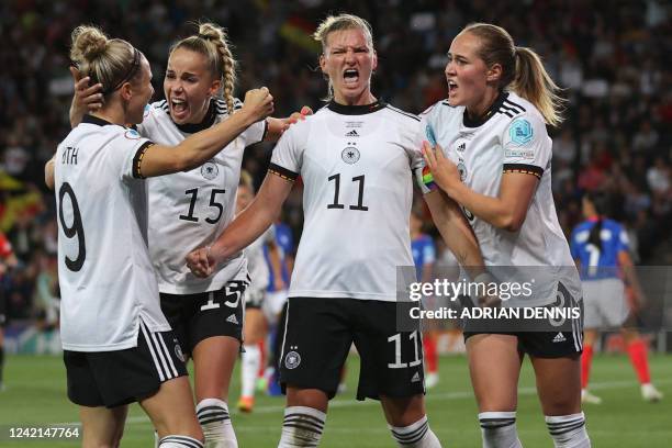 Germany's striker Alexandra Popp celebrates scoring her team's second goal during the UEFA Women's Euro 2022 semi-final football match between...