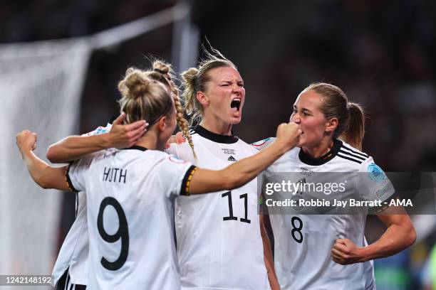 Alexandra Popp of Germany Women celebrates after scoring a goal to make it 2-1 during the UEFA Women's Euro England 2022 Semi Final match between...