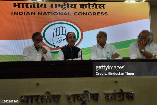 Congress leaders Anand Sharma, Ghulam Nabi Azad, Rajasthan Chief Minister Ashok Gehlot, Jairam Ramesh addressing a press conference against the...