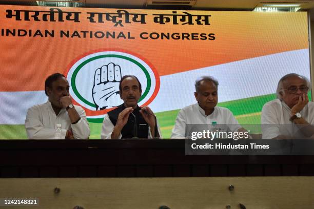 Congress leaders Anand Sharma, Ghulam Nabi Azad, Rajasthan Chief Minister Ashok Gehlot, Jairam Ramesh addressing a press conference against the...