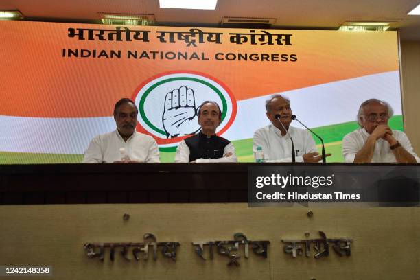 Congress leaders Anand Sharma, Ghulam Nabi Azad, Rajasthan Chief Minister Ashok Gehlot, Jairam Ramesh addressing a press conference against the...