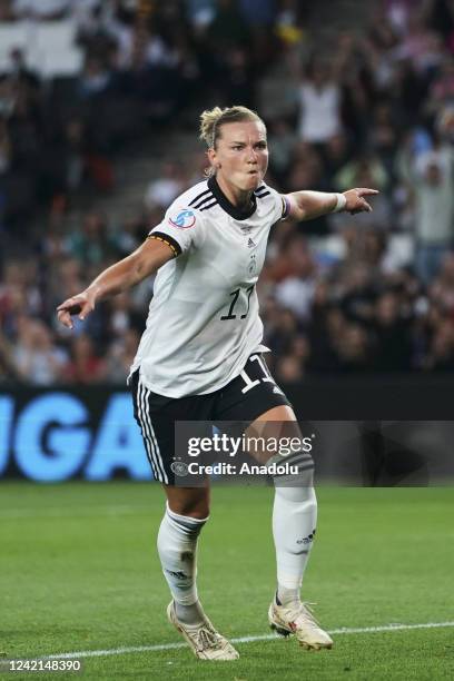 July: Alexandra Popp of Germany celebrates after scoring her sides first goal during the UEFA Women's Euro England 2022 Semi Final match between...