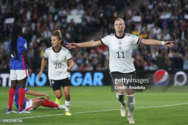 July: Alexandra Popp of Germany celebrates after scoring her sides first goal during the UEFA Women's Euro England 2022 Semi Final match between...