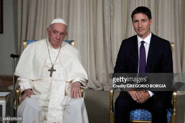 Pope Francis meets with Canadian Prime Minister Justin Trudeau at the Citadelle de Quebec in Quebec City, Quebec, Canada, on July 27, 2022. - After...