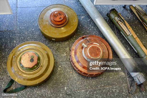 Russian Shells Factory Deactivated Russian shells and anti-tank mines seen on display during ...
