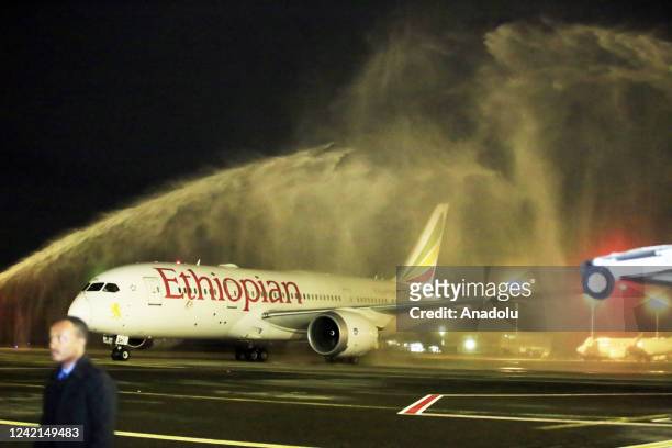 Plane that carries the Ethiopian athletes is seen during a welcoming ceremony for athletes returning with 4 gold, 4 silver and 2 bronze medals at the...