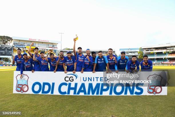 Members of the India team after winning on the third and final ODI match between West Indies and India at Queens Park Oval in Port of Spain, Trinidad...