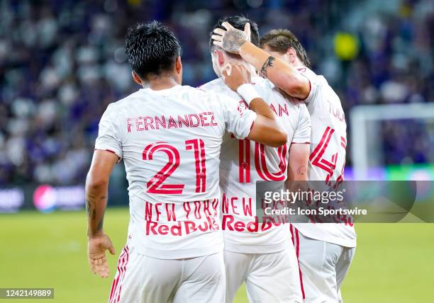 New York Red Bulls midfielder Lewis Morgan scores the first goal during the MLS Soccer Lamar Hunt U.S. Open Cup Semifinal - New York Red Bulls at...