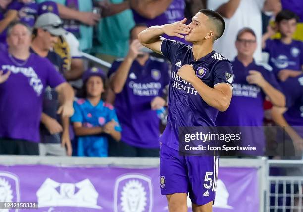 Orlando City midfielder César Araújo celebrates scoring a goal and ties the game during the MLS Soccer Lamar Hunt U.S. Open Cup Semifinal - New York...