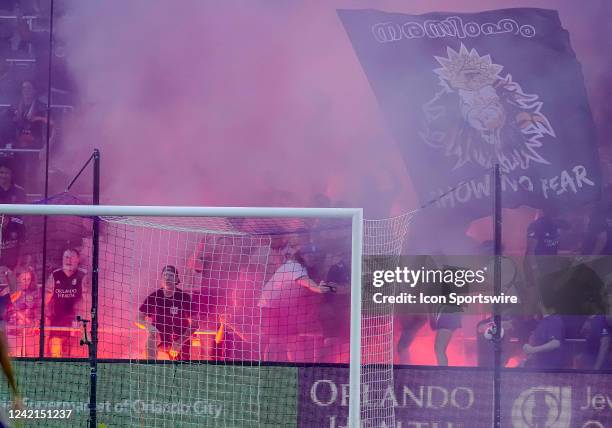 Fans get ready for the start during the MLS Soccer Lamar Hunt U.S. Open Cup Semifinal - New York Red Bulls at Orlando City SC on July 27th, 2022 at...