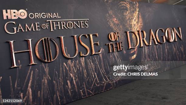 View of the backdrop for the World premiere of HBO original drama series "House of the Dragon" at the Academy Museum of Motion Pictures in Los...