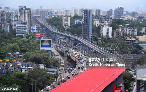 An aerial view of Mumbai Metro Line 7 between Andheri East station and Aarey Metro station on its Andheri -Dahisar route on Western Express Highway,...