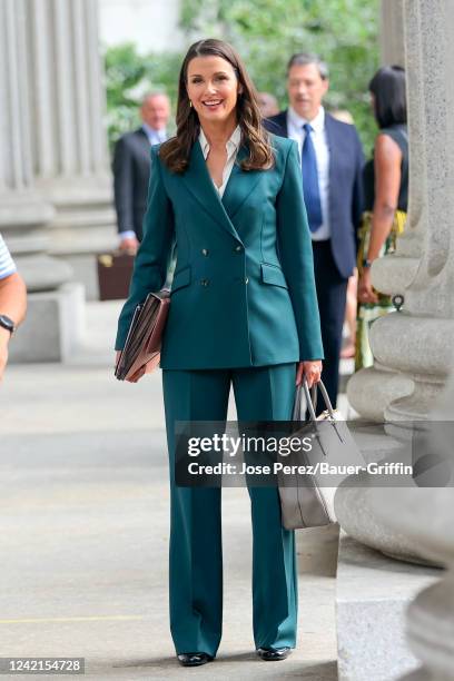 Bridget Moynahan is seen at film set of the 'Blue Bloods' TV Series outside the Supreme Court House on July 27, 2022 in New York City.