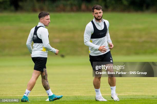 Barrie McKay and Craig Halkett during Hearts media access at the Oriam, on July 28 in Edinburgh, Scotland.