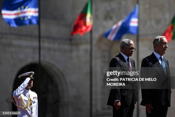 Portugal's President Marcelo Rebelo de Sousa and Cape Verde's President Jose Maria Neves listen to national anthems at Jeronimos Monastery in Lisbon...