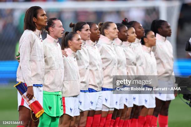 Players of France sing the national anthem during the UEFA Women's Euro England 2022 Semi Final match between Germany and France at Stadium mk on...