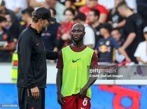 Head coach Juergen Klopp of Liverpool FC and Naby Keita of Liverpool FC to discuss prior to the pre-season friendly match between FC Red Bull...