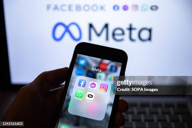 In this photo illustration, the app icons of Facebook, Messenger, Instagram, WhatsApp, and Oculus VR are displayed on a smartphone screen with a Meta...