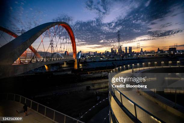 The Sixth Street Viaduct at dusk in Los Angeles, California, US, on Wednesday, July 27, 2022. A new $588 million bridge hailed as a colorful beacon...