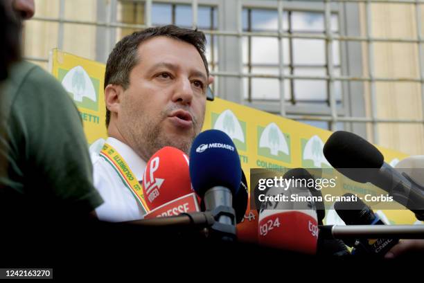 Matteo Salvini leader of Lega talks to the media during the Coldiretti National Assembly at Palazzo Rospigliosi, on July 28, 2022 in Rome, Italy.