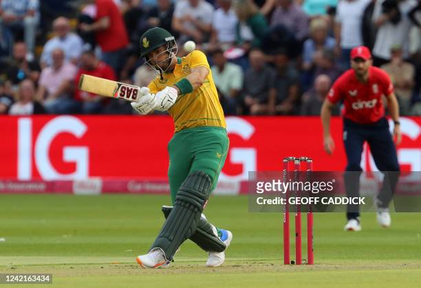 South Africa's Reeza Hendricks plays a shot during the second T20 international cricket match between England and South Africa at Sophia Gardens in...
