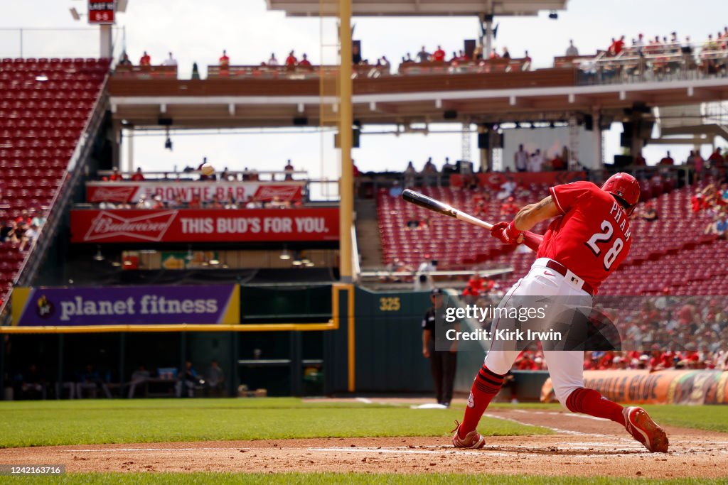 Comcmmati Reds Rbi Org Tommy Pham of the Cincinnati Reds hits a one run RBI double during ...