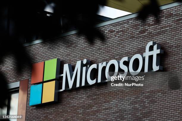 Logo is seen on an office building in Budapest, Hungary on July 28, 2022.