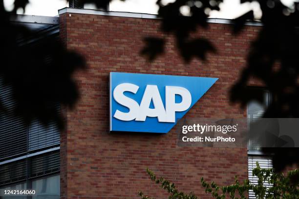 Logo is seen on an office building in Budapest, Hungary on July 28, 2022.